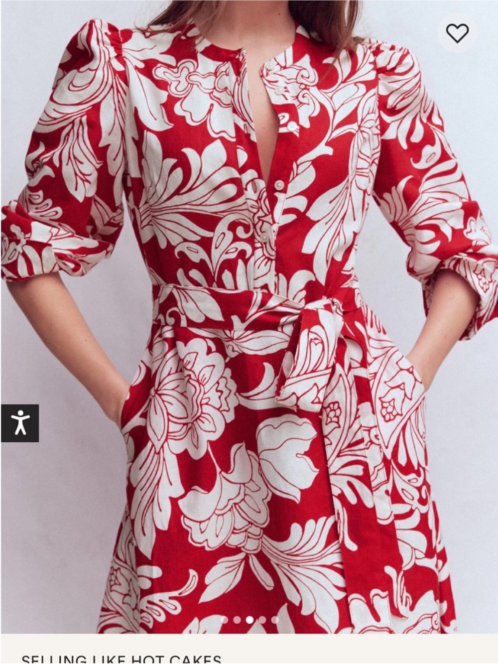Boden Red and Cream Floral Wrap Midi Dress with Tie Waist - Picture 3 of 5
